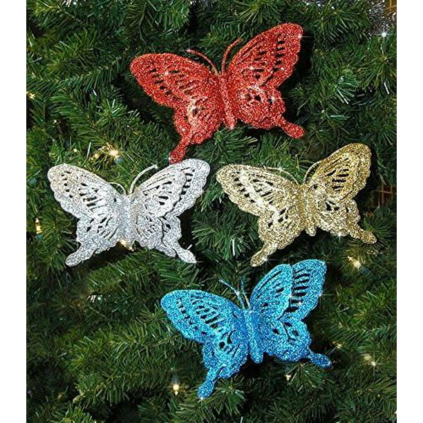 Pack x3 Large Size Metallic Clip on Butterfly Christmas Decorations 4in Red 